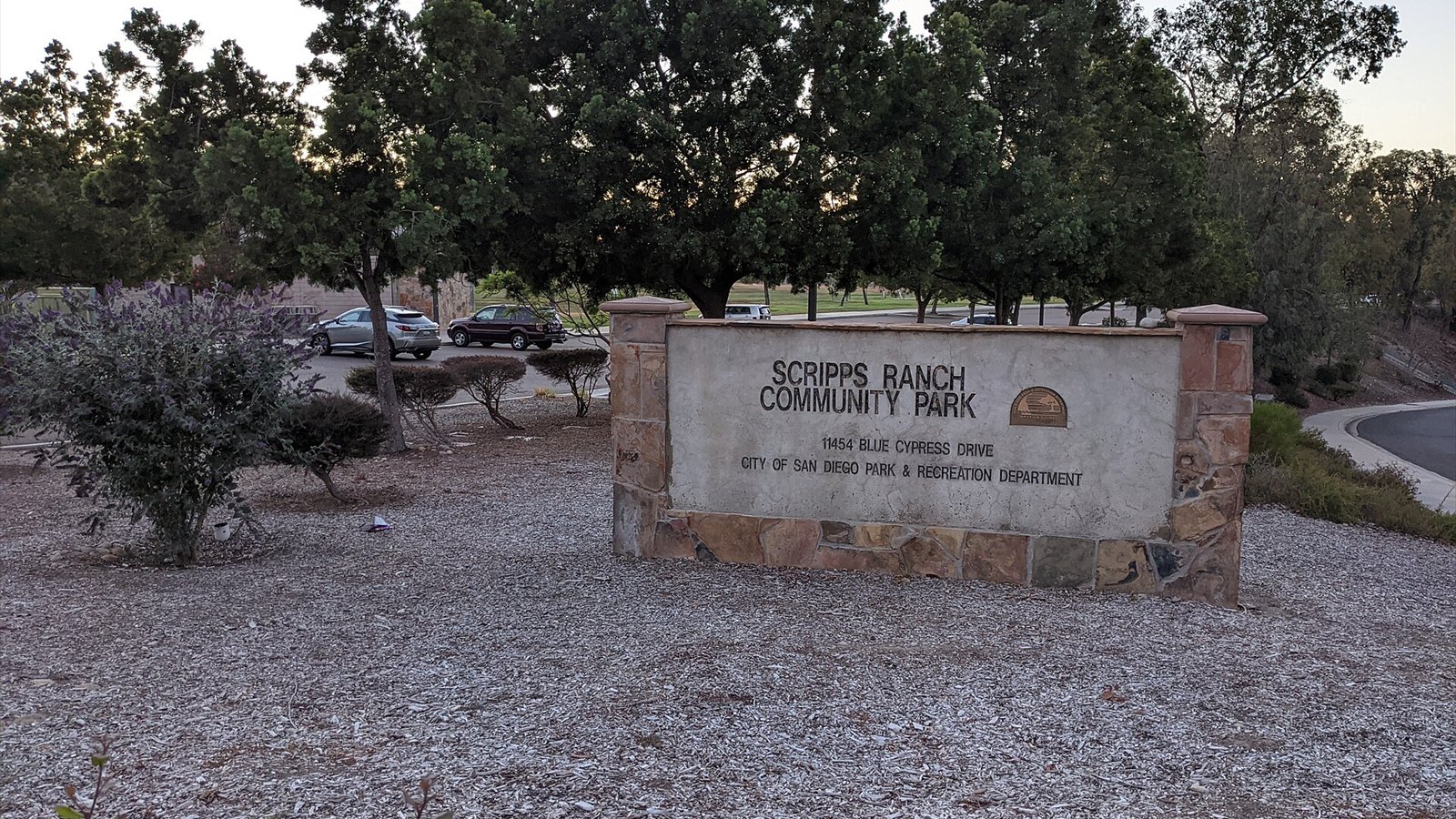 This is the park sign at the entrance to Scripps Ranch Community Park, in Scripps Ranch, San Diego, California, USA. This photo is facing North/Northwest, with the vehicle entrance just South of the where this was taken.