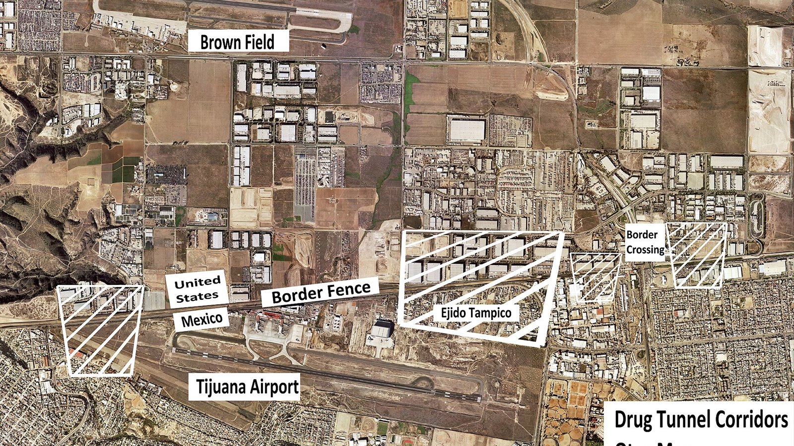 Shows drug tunnel corridors on Otay Mesa, California originating from Mexico 1993-2016