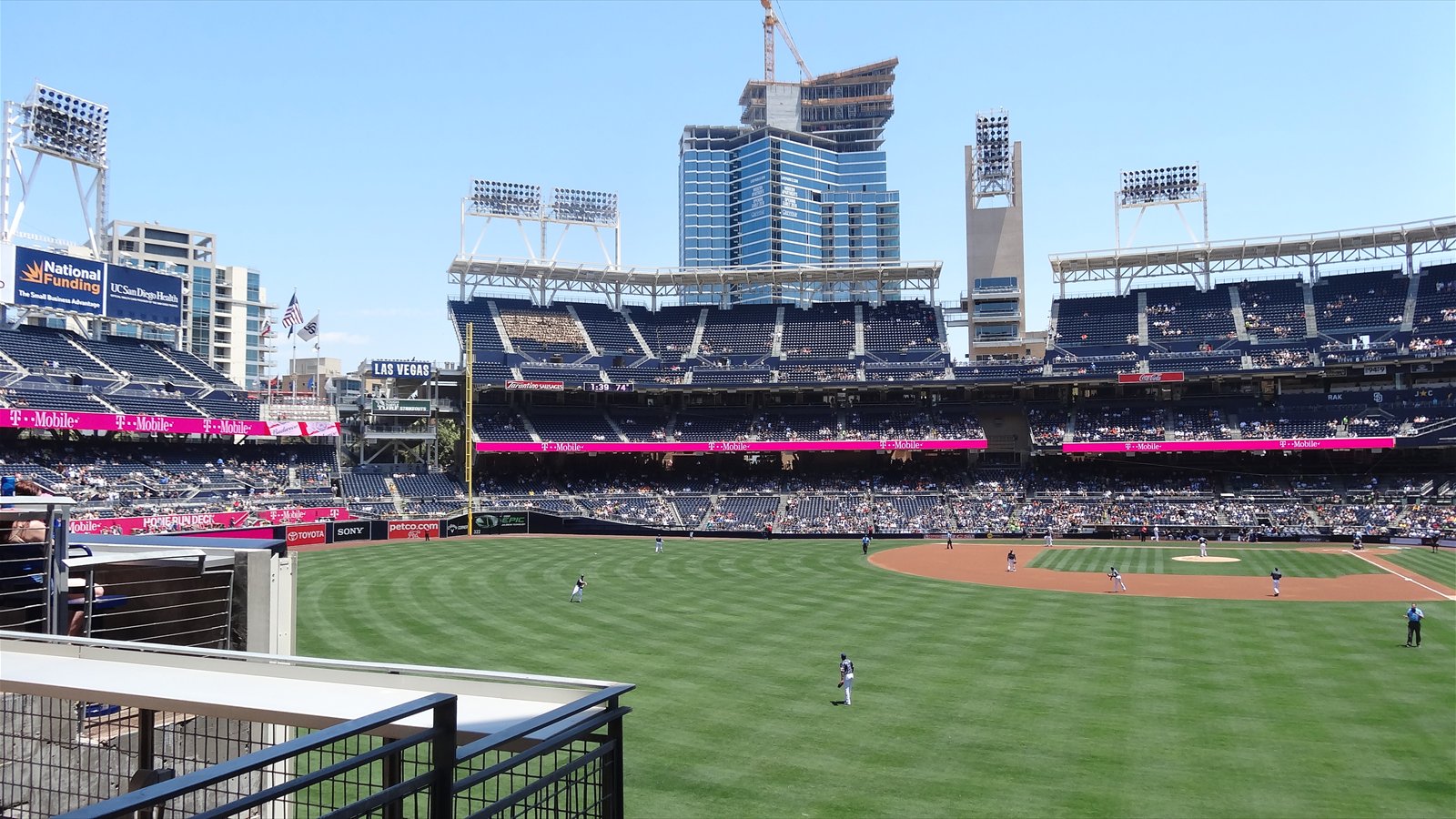 Wide view across the field and stands at Petco Park in San Diego.