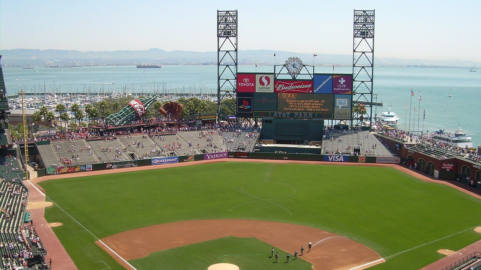 The baseball diamond, seating decks and waterfront outfield of San Francisco's ballpark viewed from the upper stands.