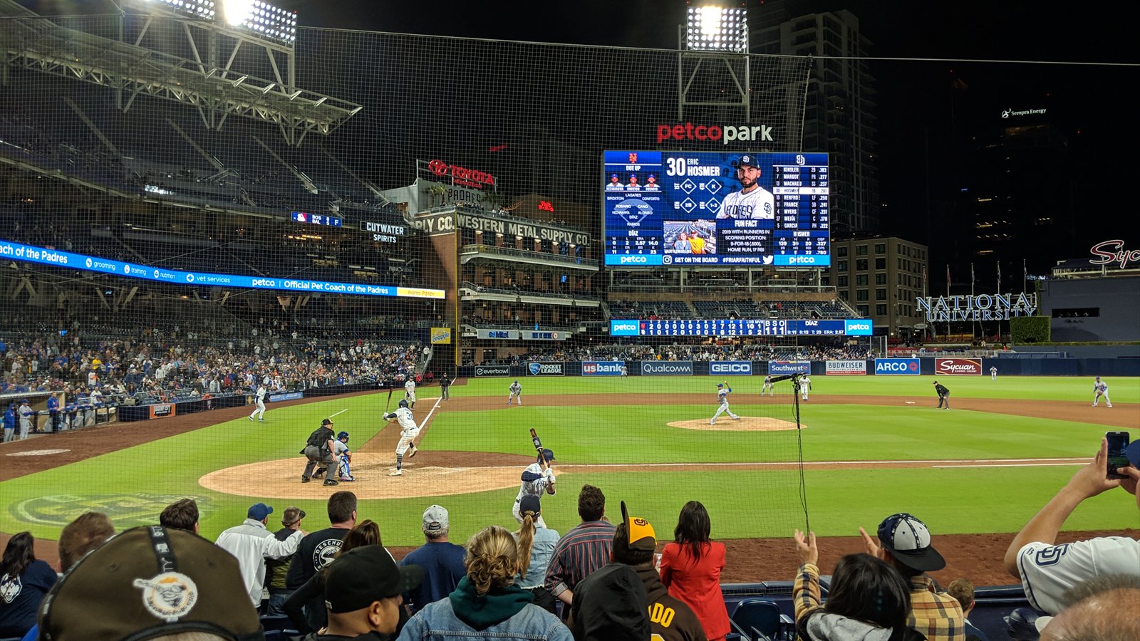 A San Diego Padres night game under the lights at Petco Park.