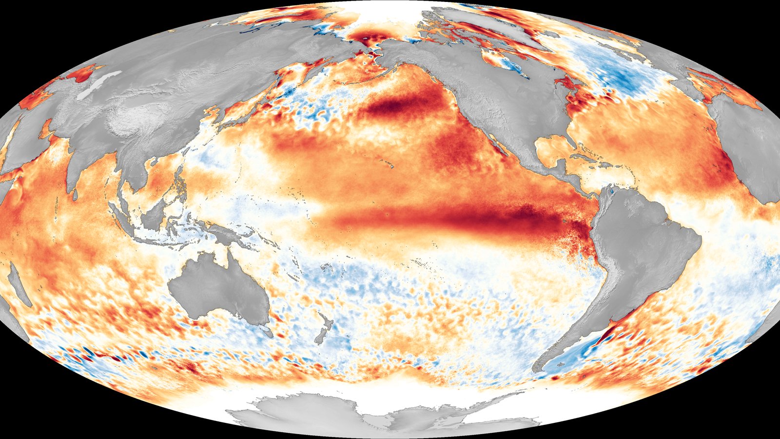 A Pacific Ocean map uses red and blue shading to show warmer and cooler sea-surface temperatures during an earlier El Niño.