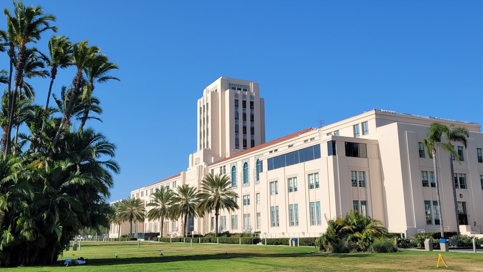 The pale County Administration Center rises behind lawn and palm trees beneath a clear blue sky.