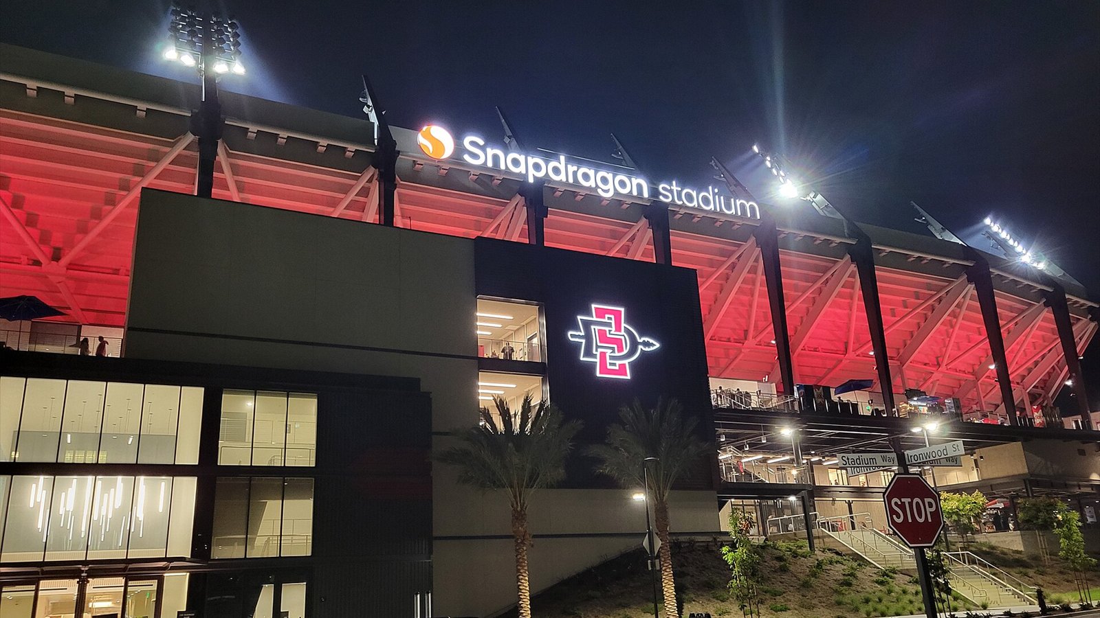 Snapdragon Stadium exterior-Night façade