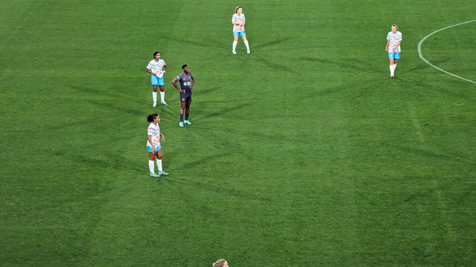 San Diego Wave defenders set up during a match against Bay FC in April 2024.