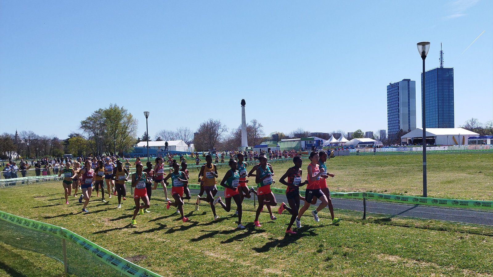 A large pack of women cross-country runners rounds a grass course in daylight with spectators behind barriers.