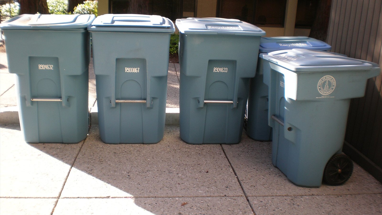 Recycling bins used by the city of Palo Alto, California.