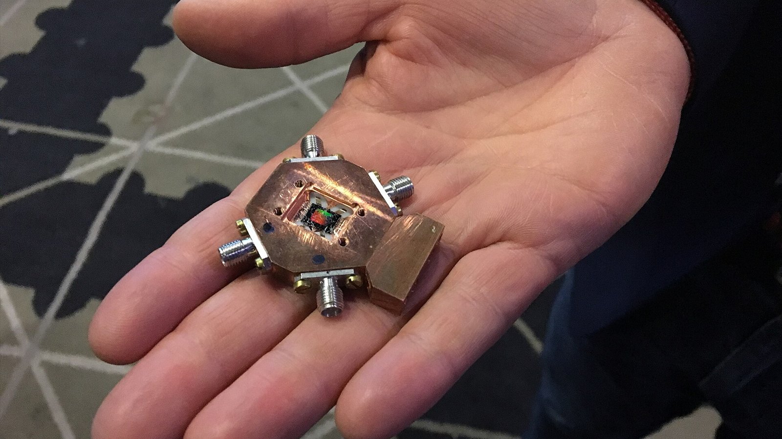 A quantum processor, for a quantum computer, with three quantum bits (qubits) and three read-out cavities, fabricated in May 2017 at the Nanofabrication Laboratory at Chalmers University of Technology.