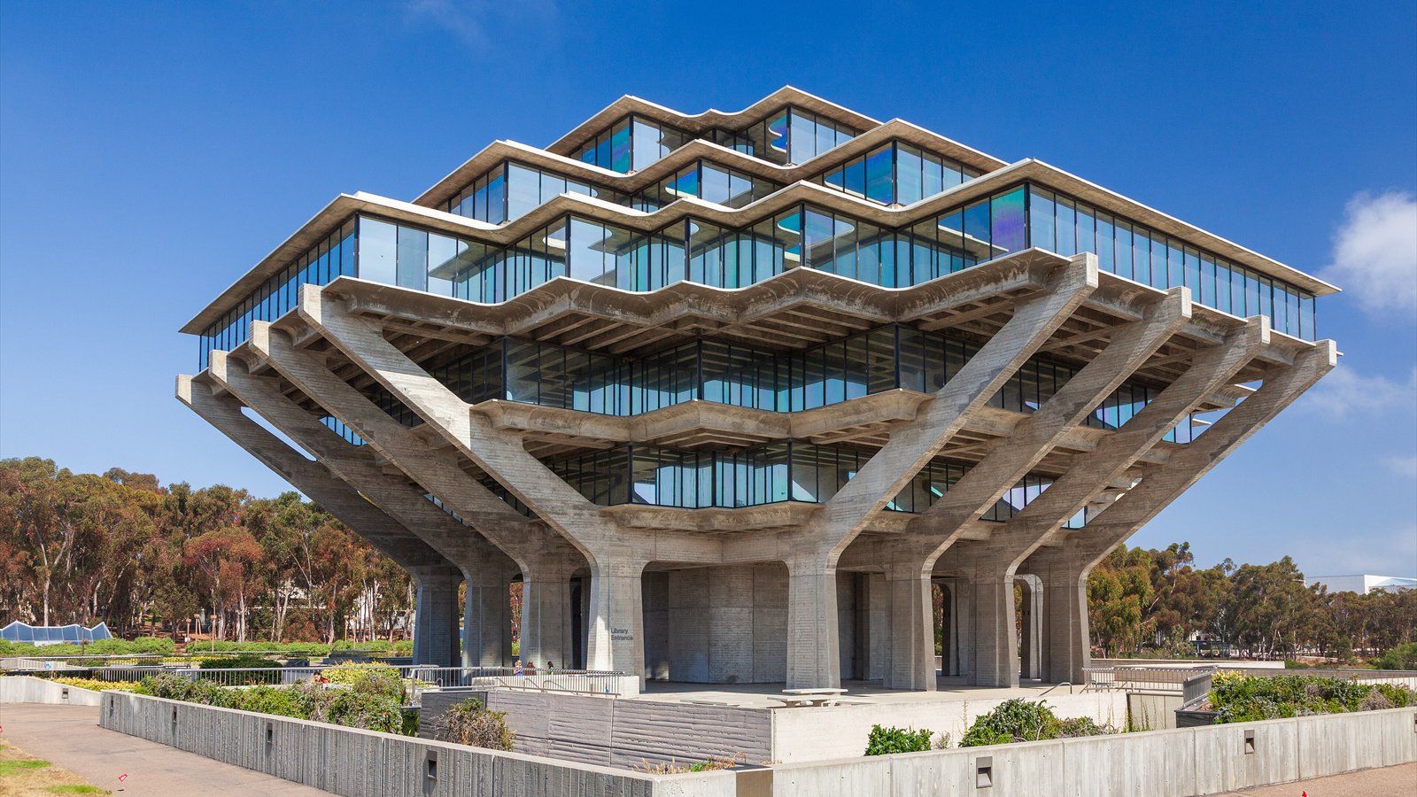 The concrete upper floors of Geisel Library rise above trees on the UC San Diego campus.