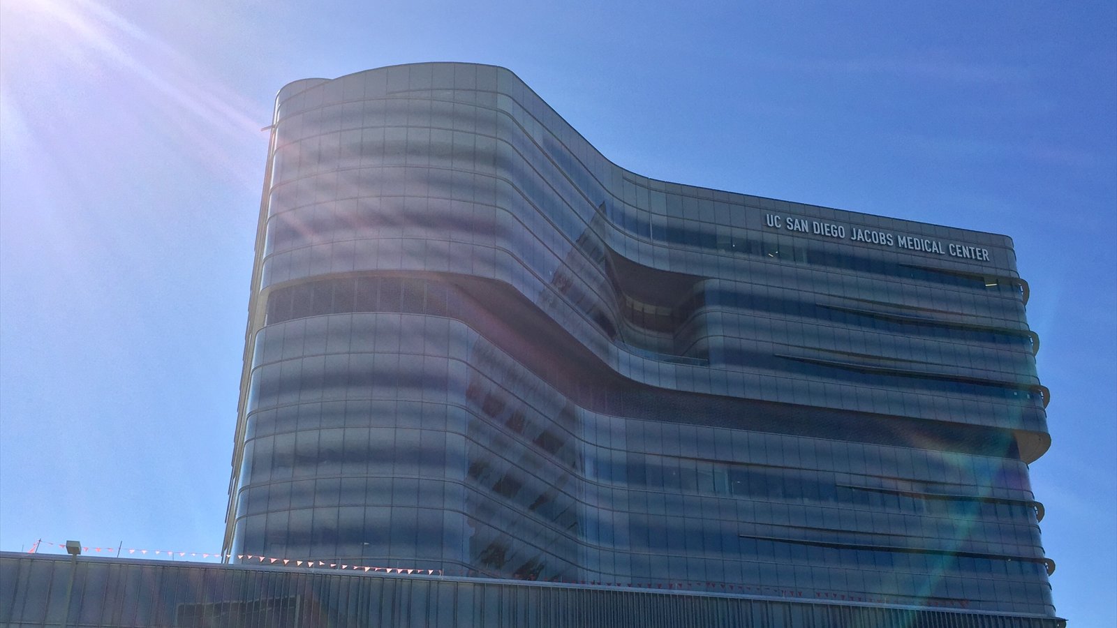 The glass and stone northern facade of Jacobs Medical Center rises above a landscaped entrance.