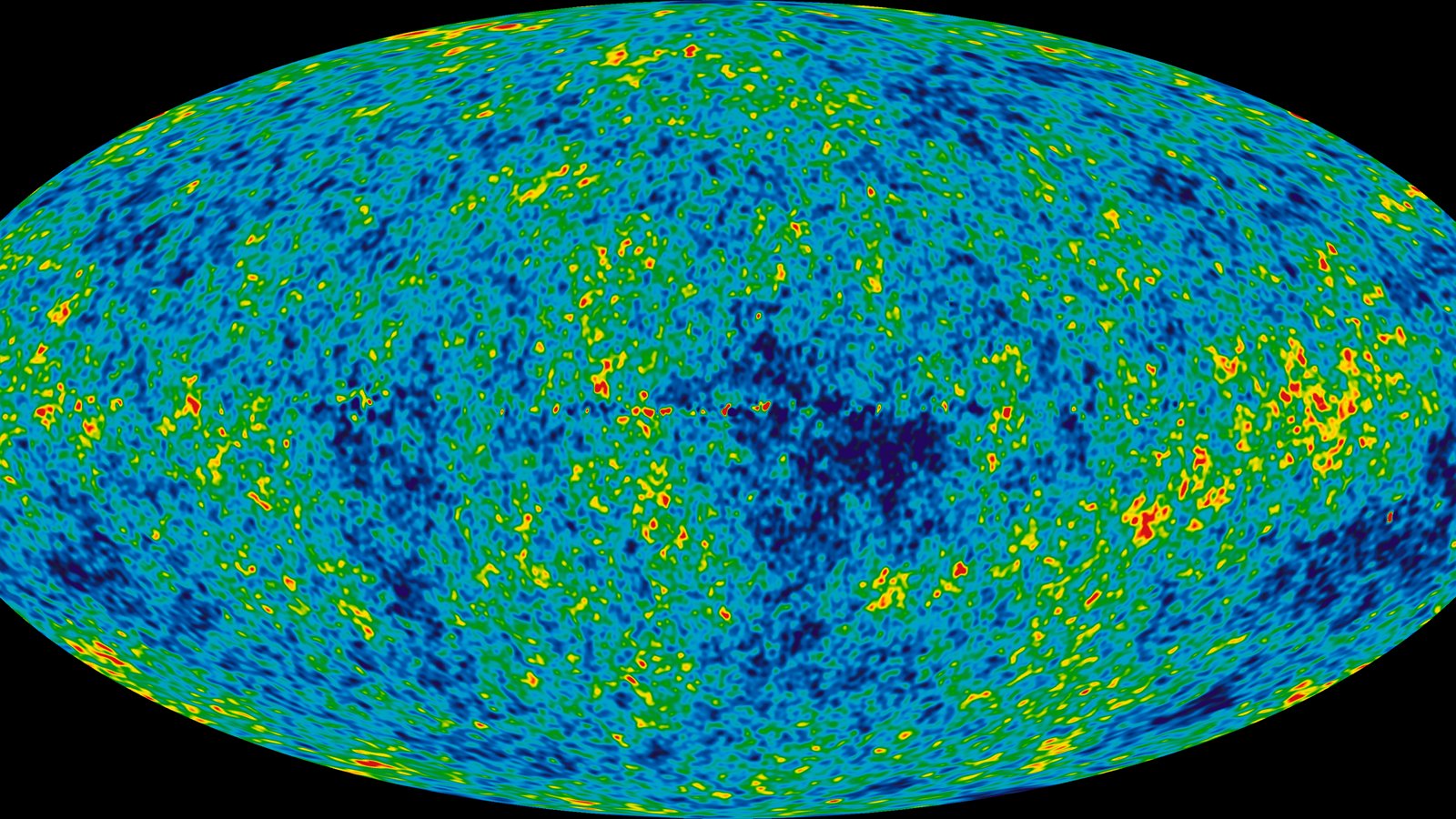 An oval full-sky map of cosmic microwave background temperature variations appears in mottled red, orange, blue and green.